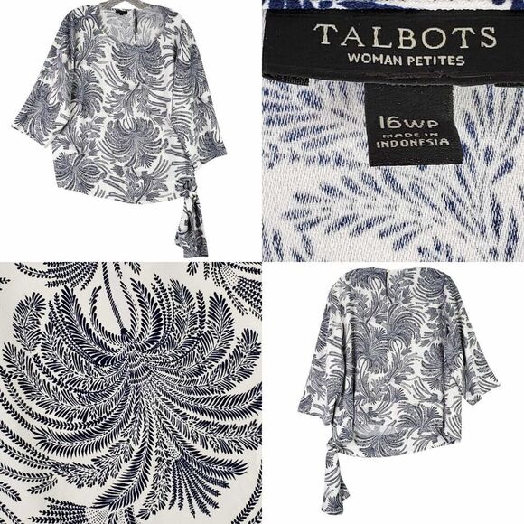 Talbots Top Tunic Womens Plus Size 16WP White Navy Blue Floral Side Tie LS - Picture 1 of 9